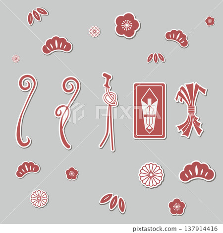 一組用於印刷禮品包裝的貼紙式圖示集。包含松樹、菊花和竹葉圖案的插圖。 137914416