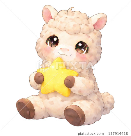 一幅羊駝手持星星的插畫。 137914418