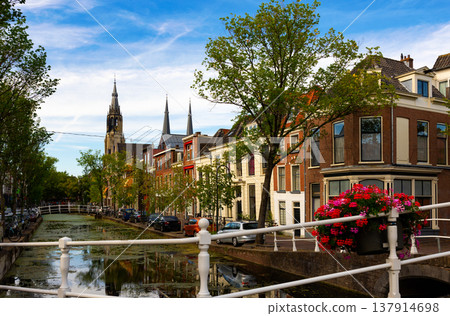 Summer landscape of city streets in Delft 137914698
