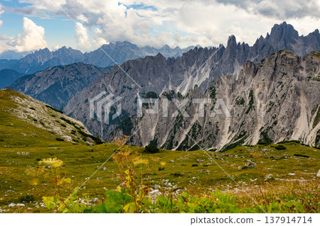 Dolomite mountains with rocky summits on sunny autumn day Dolomite mountains with rocky summits on sunny autumn day 137914714