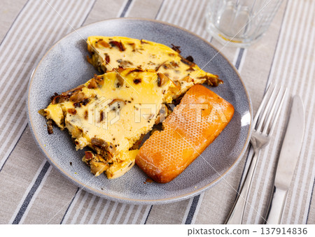 Portion of scrambled eggs with mushrooms served on table closeup Portion of scrambled eggs with mushrooms served on table closeup 137914836