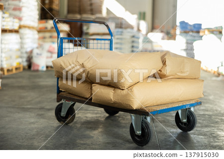 Platform hand truck with stacked paper bags in warehouse of hypermarket Platform hand truck with stacked paper bags in warehouse of hypermarket 137915030