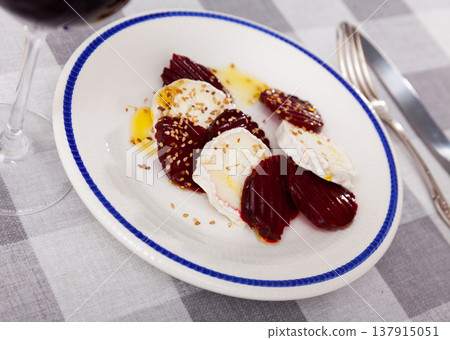 Beetroot served with goat cheese on platter Beetroot served with goat cheese on platter 137915051
