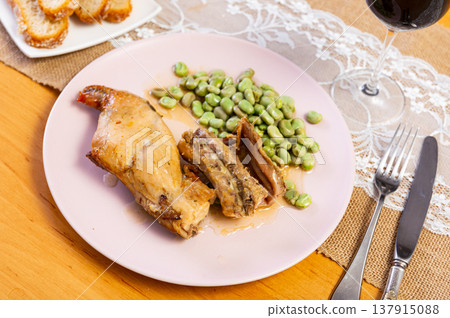 roasted rabbit with green mung beens roasted rabbit with green mung beens 137915088