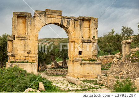 Triumphal arch of Alexander Severus at Roman ruins of Dougga, Tunisia Triumphal arch of Alexander Severus at Roman ruins of Dougga, Tunisia 137915297