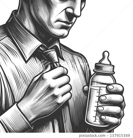 Businessman Holding Baby Bottle Work Life Conflict 137915389