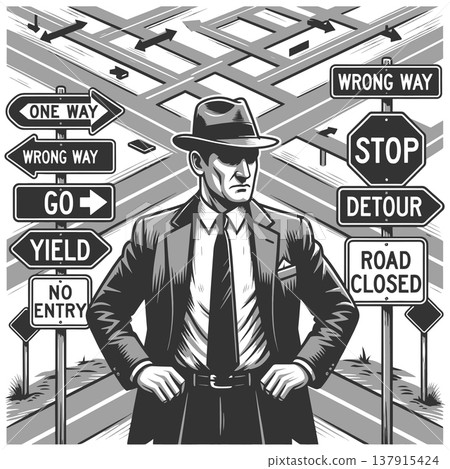 Businessman Confused at Direction Signs Crossroad Businessman Confused at Direction Signs Crossroad 137915424