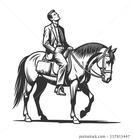 Exhausted Businessman Riding Tired Horse raster 137915447