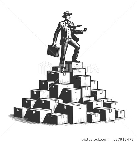 Businessman Standing on Mountain of Shipping Boxes 137915475