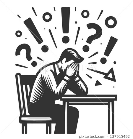 Stressed Man Sitting with Confusion and Questions Stressed Man Sitting with Confusion and Questions 137915492