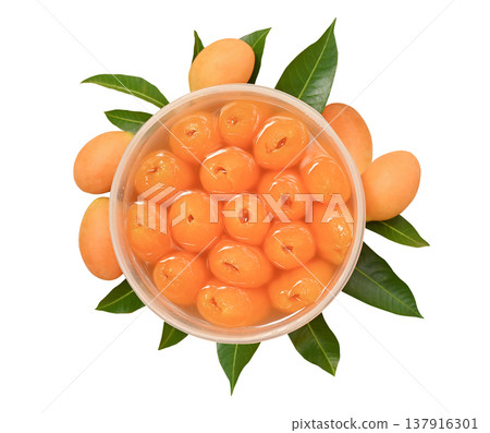 Fresh Marian plum (Maprang) peeled and ready to eat, sweet and refreshing tropical fruit, healthy snack concept  on  white background. 137916301