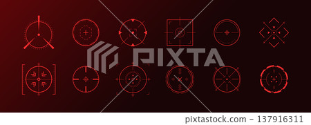 Crosshair Hud red. Futuristic shooting target and aim icons. Gaming or military design. Tech Hud elements for combat. UI Vector illustration Crosshair Hud red. Futuristic shooting target and aim icons. Gaming or military design. Tech Hud elements for combat. UI Vector illustration 137916311