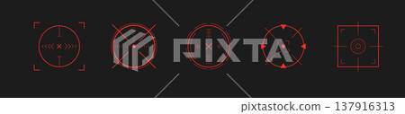 Crosshair Hud red. Modern combat game interface. Navigation panel and aiming reticle. Shooter or military simulator. Futuristic Hud and tech graphics. Vector eps 10 137916313