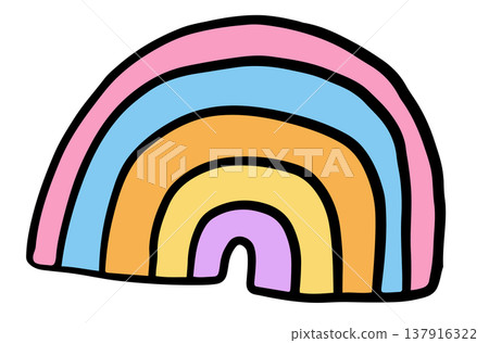 Hand drawn illustration of rainbow for sticker, kid drawing style, art, tattoo, spring, summer, decoration, patch, brooch, shirt print, sign, symbol, emoji, Pride Month, sky and clouds 137916322
