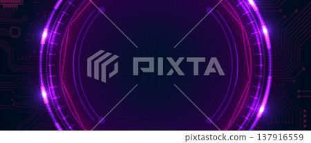 Glowing purple futuristic digital technology circle element over intricate dark circuit board patterns 137916559