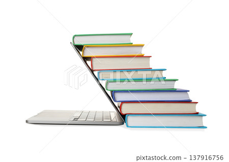 Books atop a laptop, showcasing study habits, isolated, PNG Books atop a laptop, showcasing study habits, isolated, PNG 137916756