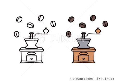 一組黑白和彩色的咖啡豆和咖啡研磨機的插圖。 一組黑白和彩色的咖啡豆和咖啡研磨機的插圖。 137917053