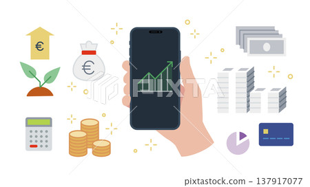 Investment and fintech icons set for smartphones held in your hand, with adjustable line width. Investment and fintech icons set for smartphones held in your hand, with adjustable line width. 137917077
