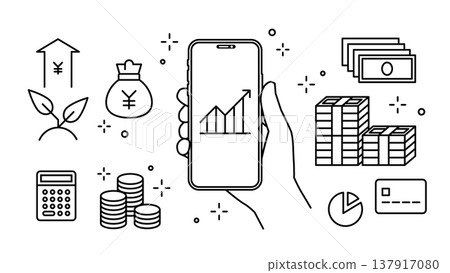 Investment and fintech icons set for smartphones held in your hand, with adjustable line width. Investment and fintech icons set for smartphones held in your hand, with adjustable line width. 137917080