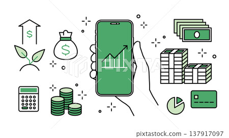 Investment and fintech icons set for smartphones held in your hand, with adjustable line width. Investment and fintech icons set for smartphones held in your hand, with adjustable line width. 137917097