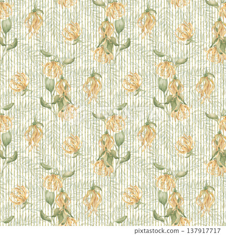 Tropical floral pattern with ylang ylang flower and leaves pastel colors. Palms foliage on striped background. Seamless watercolor botanical print for textile, wallpaper, wedding invitation. Tropical floral pattern with ylang ylang flower and leaves pastel colors. Palms foliage on striped background. Seamless watercolor botanical print for textile, wallpaper, wedding invitation. 137917717