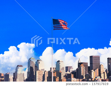Manhattan skyline and the American flag 137917819