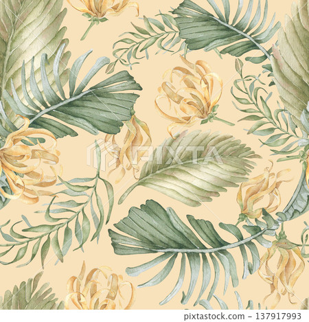Watercolor seamless pattern with tropical palm leaf and ylang ylang flower on beige. Exotic botanical print with greenery for fabric, textile, wallpaper design. Summer nature artistic backdrop. Watercolor seamless pattern with tropical palm leaf and ylang ylang flower on beige. Exotic botanical print with greenery for fabric, textile, wallpaper design. Summer nature artistic backdrop. 137917993