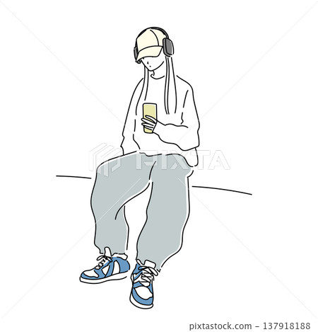 一位女士戴著耳機聽音樂，同時看著她的智慧型手機——街頭時尚插畫 137918188