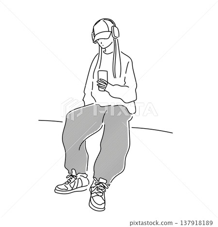 一幅線條畫插圖，描繪了一位女士戴著耳機聽音樂，同時看著她的智慧型手機。 137918189