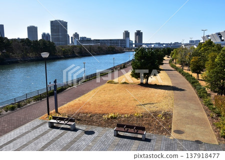 Toyosu Gururi Park walking path, Toyosu Market, and Shinonome Canal, Koto Ward, Tokyo Toyosu Gururi Park walking path, Toyosu Market, and Shinonome Canal, Koto Ward, Tokyo 137918477