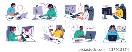 Gamer scenes set with flat cartoon characters playing video games on PC and mobile. People with controllers, headphones, gaming keyboards. Shooters, strategies, streaming, esports vector illustration Gamer scenes set with flat cartoon characters playing video games on PC and mobile. People with controllers, headphones, gaming keyboards. Shooters, strategies, streaming, esports vector illustration 137918574