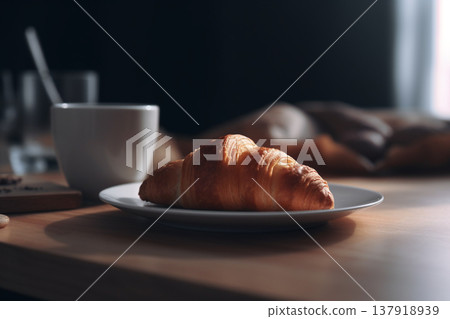 Croissant and coffee in French minimalist style. Generative AI Croissant and coffee in French minimalist style. Generative AI 137918939
