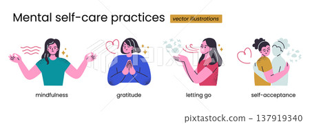 Mental self care practices character set with flat cartoon women. Gratitude, self acceptance, letting go, mindfulness and meditation abstract scenes with grainy textures, wellbeing vector illustration Mental self care practices character set with flat cartoon women. Gratitude, self acceptance, letting go, mindfulness and meditation abstract scenes with grainy textures, wellbeing vector illustration 137919340