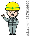 Vector illustration of a person in a helmet and work clothes smiling and providing guidance. 137919690