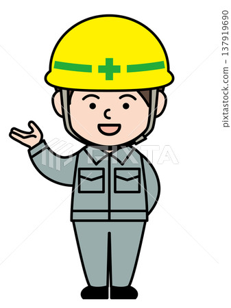 Vector illustration of a person in a helmet and work clothes smiling and providing guidance. Vector illustration of a person in a helmet and work clothes smiling and providing guidance. 137919690