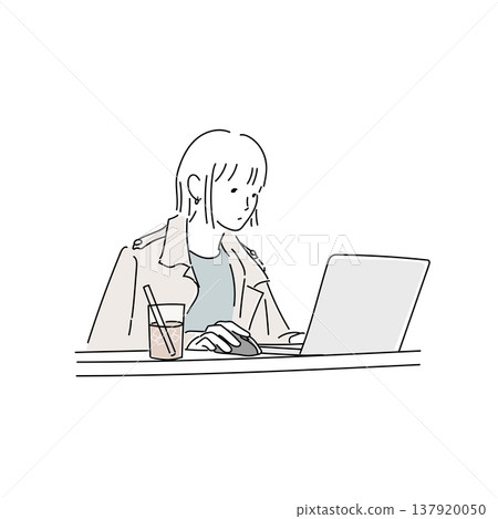 A woman working on a laptop; a lifestyle illustration depicting a cafe or desk work. 137920050