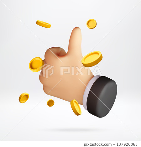3D hand showing thumb up gesture with coins 3D hand showing thumb up gesture with coins 137920063