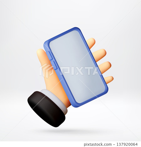 3d cartoon hand holding a blue smartphone 3d cartoon hand holding a blue smartphone 137920064