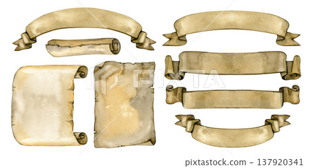 Comprehensive watercolor set of vintage parchment elements including arched banners, horizontal scrolls, and aged paper sheets with torn edges. Perfect for medieval maps, historical documents, and 137920341