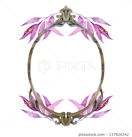 Hand drawn watercolor illustration. An antique oval ornate frame with classical finials is decorated with vibrant magenta fuchsia and purple leaves. Symmetrical vintage art for luxury wedding and Hand drawn watercolor illustration. An antique oval ornate frame with classical finials is decorated with vibrant magenta fuchsia and purple leaves. Symmetrical vintage art for luxury wedding and 137920342