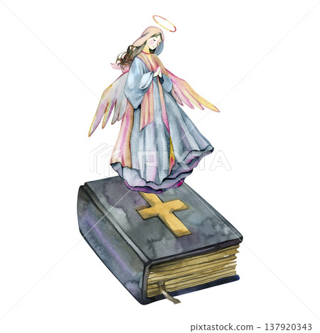 Hand drawn watercolor illustration of a serene praying angel with a halo and wings, floating above a closed holy bible with a gold cross. This religious artwork is perfect for church bulletins, Easter 137920343