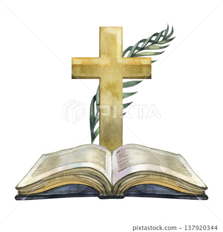 Hand drawn watercolor illustration of an open holy bible with a golden cross and green palm branch. This sacred religious composition is ideal for Easter, church events, Sunday school, and spiritual 137920344