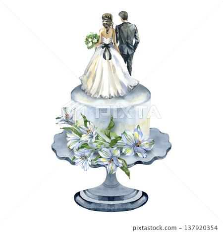 Elegant watercolor illustration of a wedding cake decorated with white lilies. The cake features a topper of a bride and groom from a back view, set on a vintage ornate stand, perfect for bridal 137920354