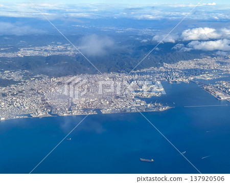 Aeria view of Kobe city with rokko mountain on osaka bay Japan. 137920506