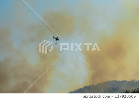 Fire fighting helicopter carry watethar bucket to extinguish the forest fire. Fire fighting helicopter carry watethar bucket to extinguish the forest fire. 137920509
