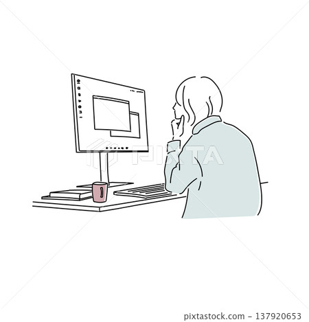 An illustration of a man working on a desktop computer while talking on the phone. 137920653