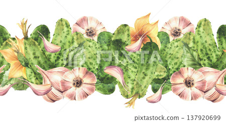Watercolor Cucumbers and garlic bulb with cloves, leaves and flowers seamless border. Hand drawn illustration for homemade farm vegetable mix pickling food packaging. Isolated from background pattern. Watercolor Cucumbers and garlic bulb with cloves, leaves and flowers seamless border. Hand drawn illustration for homemade farm vegetable mix pickling food packaging. Isolated from background pattern. 137920699