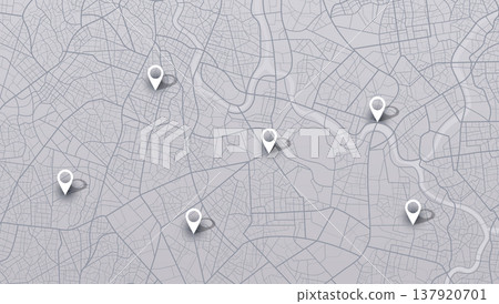 Grey city map with 3D white location pins and shadows. Vector illustration. Grey city map with 3D white location pins and shadows. Vector illustration. 137920701