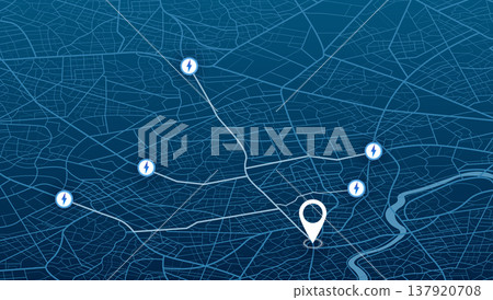 Blue isometric smart city map showing electric vehicle charging network. Vector illustration. Blue isometric smart city map showing electric vehicle charging network. Vector illustration. 137920708