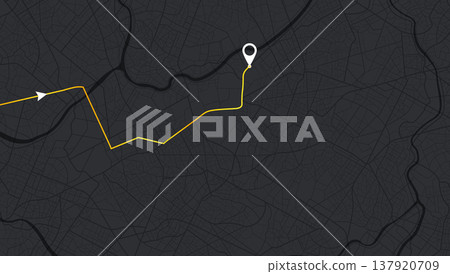 Minimalist dark navigation screen with yellow directional route and destination pin. Vector illustration. Minimalist dark navigation screen with yellow directional route and destination pin. Vector illustration. 137920709
